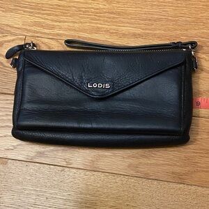 Lodis Black Leather Envelope Wristlet Clutch EUC